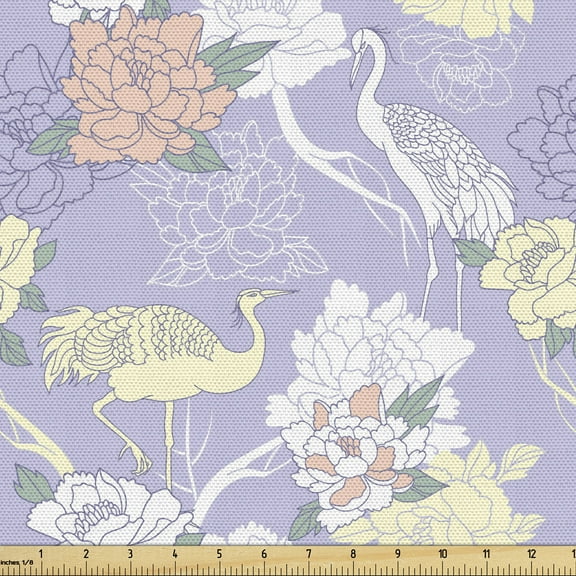 Ambesonne Crane Fabric by the Yard Upholstery, Lavender Background Oriental, 1 Yard, Multicolor