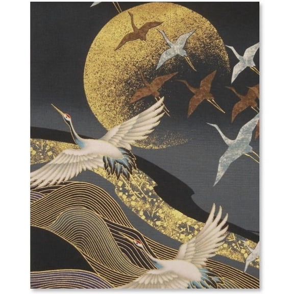 Crane Flying Over The Moon Interior Canvas Painting Japanese Art Gorgeous Gold Fabric Style Art Panel Wall Picture Poster Wall Decor Painting Wall Decor Painting 12x16 inch Unframed