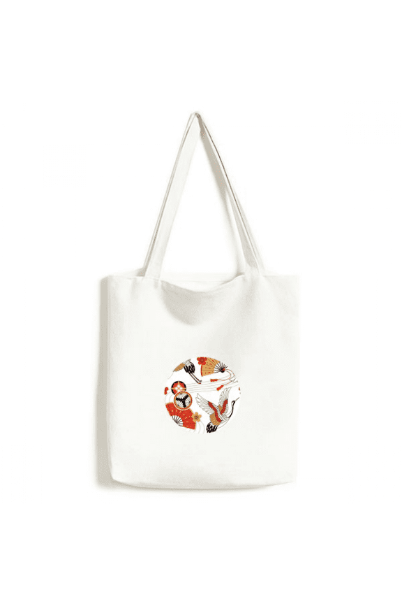 Crane Folding Fan Sakura Pattern Tote Canvas Bag Shopping Satchel Casual Handbag