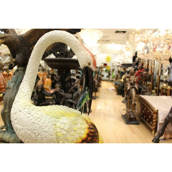 Crane Fountain Head Down Fountain Bronze Statue - Size: 23"L x 17"W x 56"H.