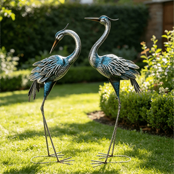 Crane Garden Decor Statue, Blue Heron Garden Statue Metal Yard Art Outdoor Decoy, Garden Sculptures & Statues for Yard/Garden/Lawn/Pond/Outdoor
