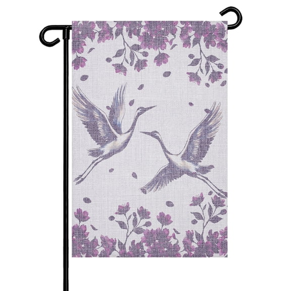 Crane Garden Flag 12x18 Inch Japanese Crane Silhouette Floral Leaf Purple Double Sided Small Decorative Garden Flags for Outside, Outdoor Yard Porch Lawn Decoration