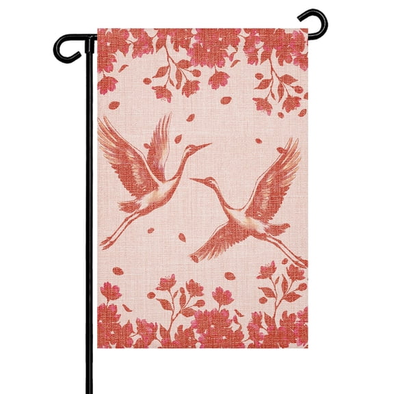 Crane Garden Flag 12x18 Inch Japanese Crane Silhouette Floral Leaf Red Double Sided Small Decorative Garden Flags for Outside, Outdoor Yard Porch Lawn Decoration