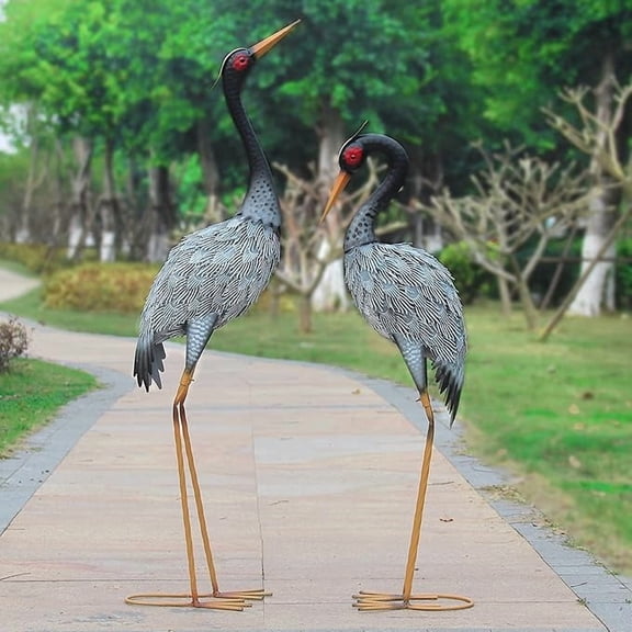 Crane Garden Statue Dcor, Metal Crane Yard Art for Outdoor Patio Lawn Backyard Pool, Garden Sculpture & Statues, Set of 2, Black and White