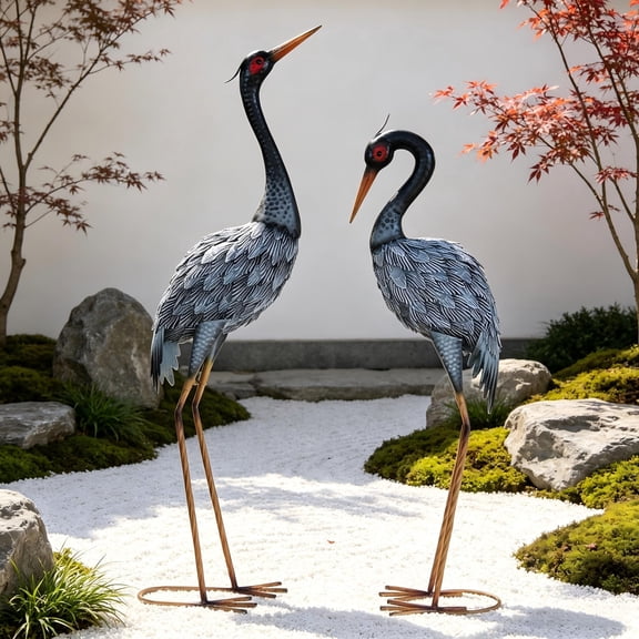 Crane Garden Statue Décor, Metal Crane Yard Art for Outdoor Patio Lawn Backyard Pool, Garden Sculpture & Statues, Set of 2, Black and White