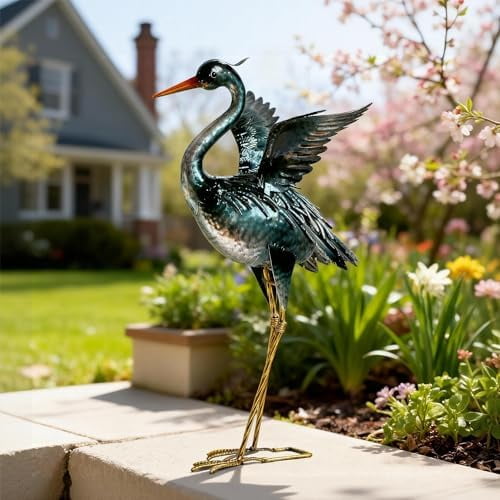 Crane Garden Statue Sculpture, Metal Heron Outdoor Decor, Yard Art Bird Decoy for Backyard Pond Patio Porch Lawn Decorations$$Garden & Patio
