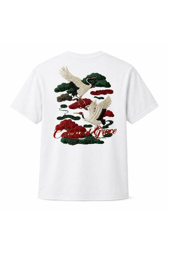 Crane Graphic T-Shirt, Unisex Classic Fit Cotton Tee, Celestial Back Print