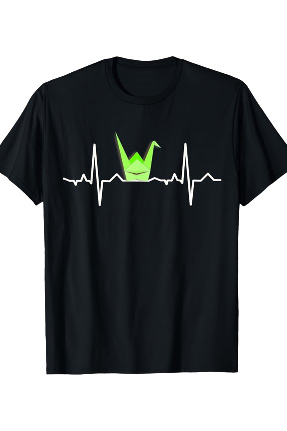 Crane & Heartbeat Graphic - Retro Loose Fit Short Sleeve Tee, Breathable Summer Casual Top, Machine Washable, Casual Attire, Geometric Pattern Shirt, Comfortable Fabric