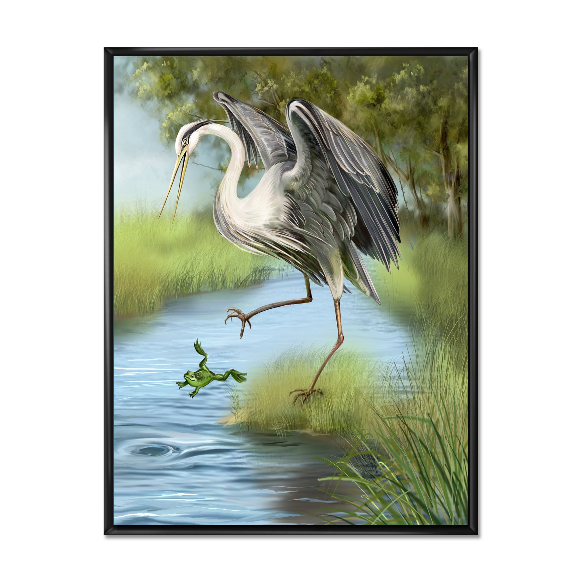 Crane Hunting A Frog 16 in x 32 in Framed Painting Canvas Art Print, by Designart