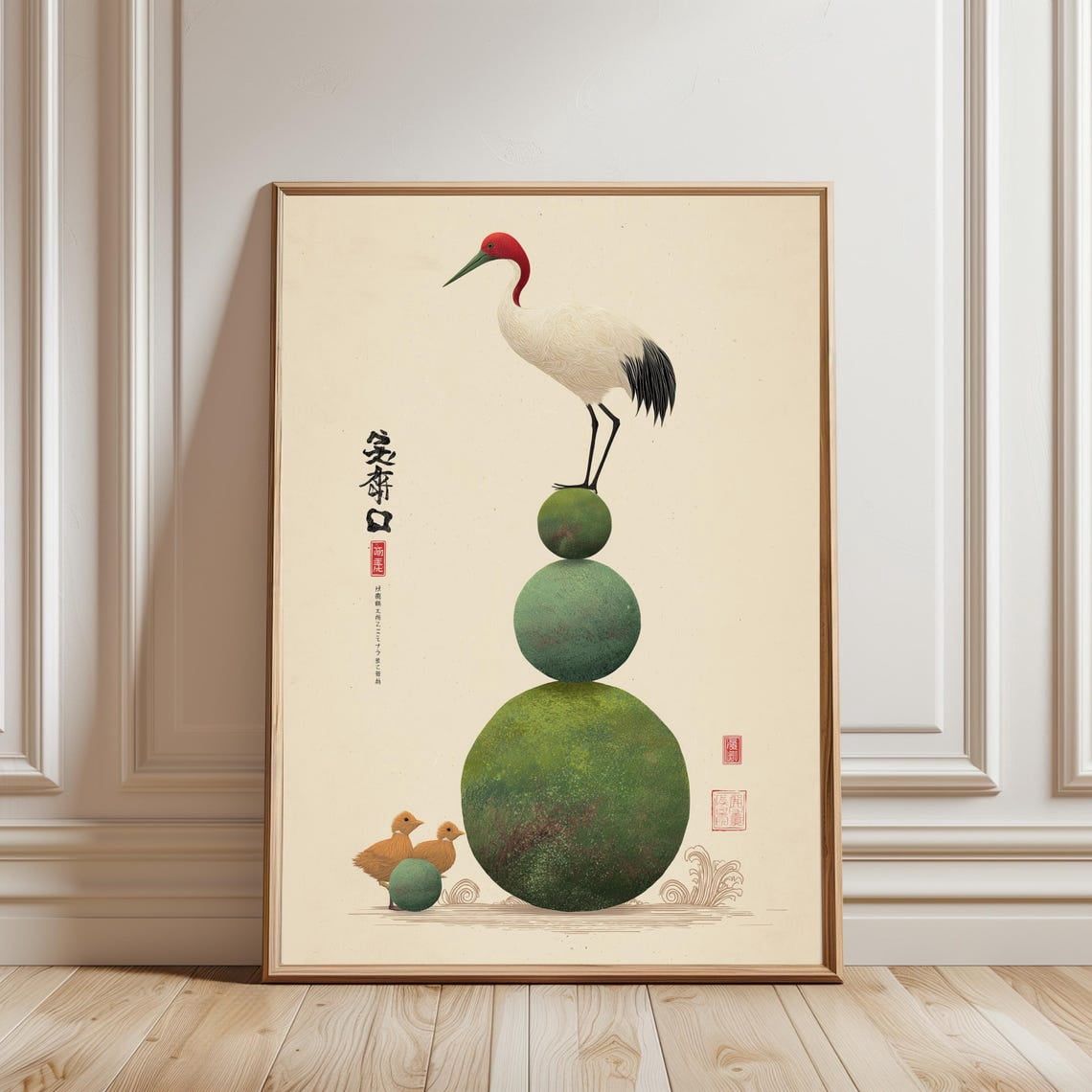 Zen Abe Crane In Minimalist Background Poster, Woodblock Style, Stacked Zen ...