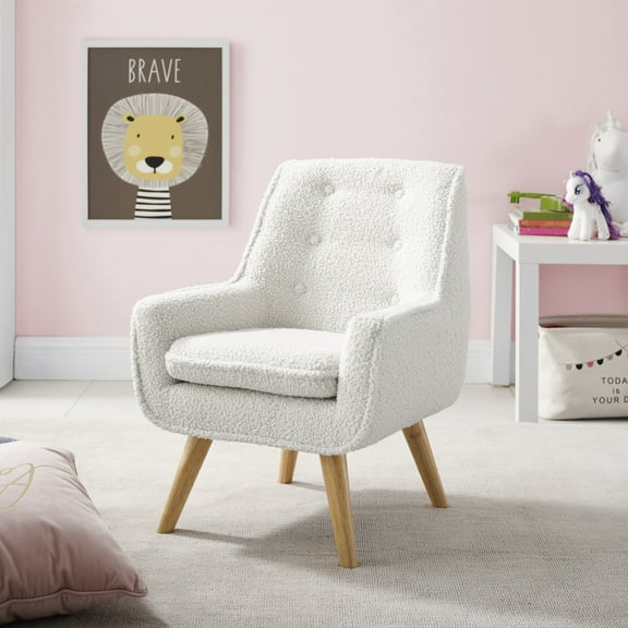 Crane Kid's Button Tufted Accent Lounge Chair, Sherpa Fabric with Natural Legs