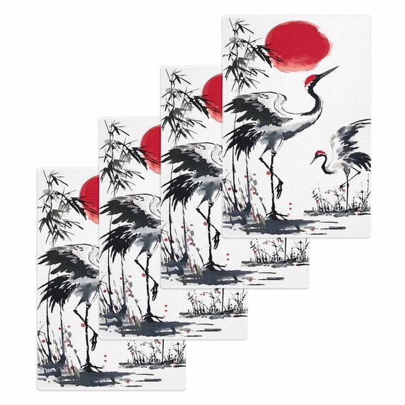 Crane Kitchen Dish Towels for Drying Dishes Set of 4, Black White Ink Wash Red Moon Botanical Waffle Weave Microfiber Hand Tea Bathroom Towels Quick Dry & Absorbent Towel 15.7x23.6