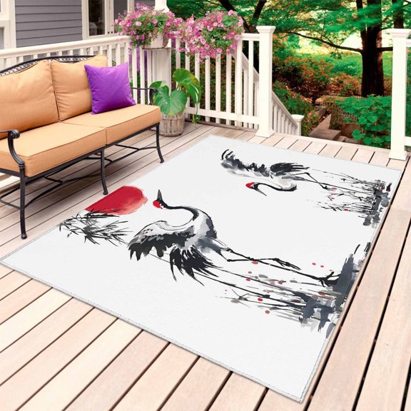 Crane Outdoor Rug 3x5 Ft, Non Slip Washable Area Rug, Black White Ink Wash Red Moon Botanical Patio Rugs Carpet Runner, Large Floor Mat for Indoor/Outdoor Deck Porch Camping