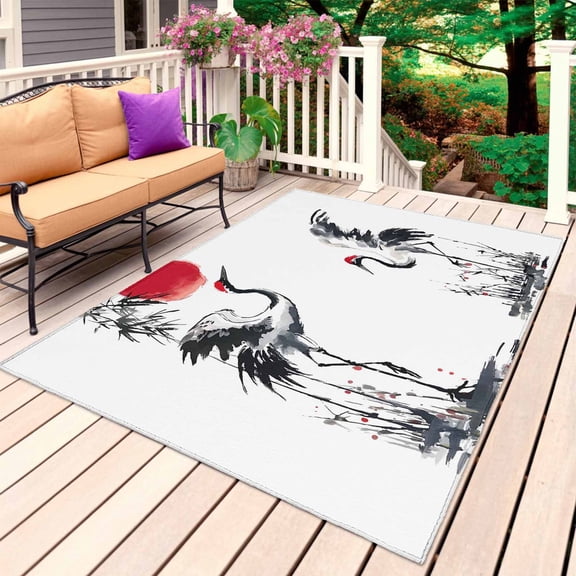 Crane Outdoor Rug 4x6 Ft, Non Slip Washable Area Rug, Black White Ink Wash Red Moon Botanical Patio Rugs Carpet Runner, Large Floor Mat for Indoor/Outdoor Deck Porch Camping