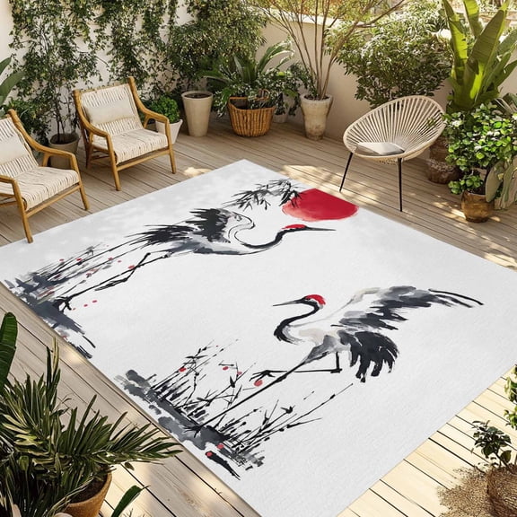 Crane Outdoor Rug for Patio/Deck/Porch, Non-Slip Large Area Rug 3 x 5 Ft, Black White Ink Wash Red Moon Botanical Indoor Outdoor Rugs Washable Area Rugs, Reversible Camping Rug Carpet Runner