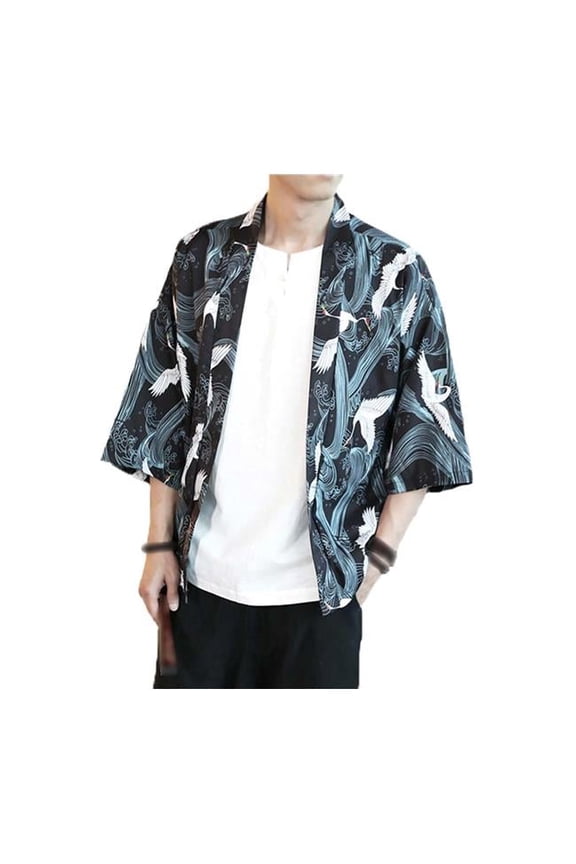 Crane Pattern Chinese Half Sleeve Kungfu Cloth Cotton & Linen Outerware Mens Shirt, A