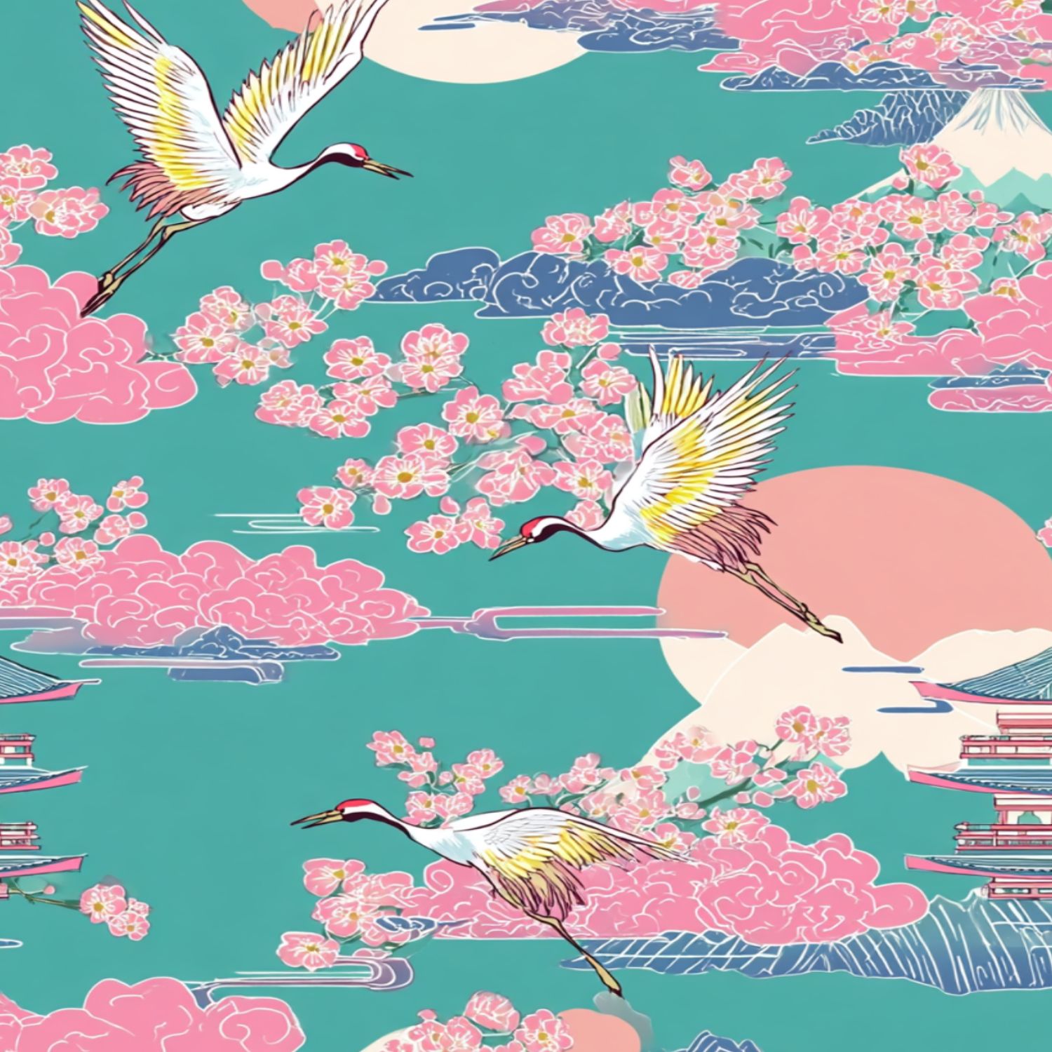 Crane Peel and Stick Wallpaper 17.7in x 9.8ft Cranes Amidst Cherry Blossoms Mount Contact Paper Vinyl Waterproof Self Adhesive Wall Paper for Bedroom Shelf Cabinet Renter Friendly