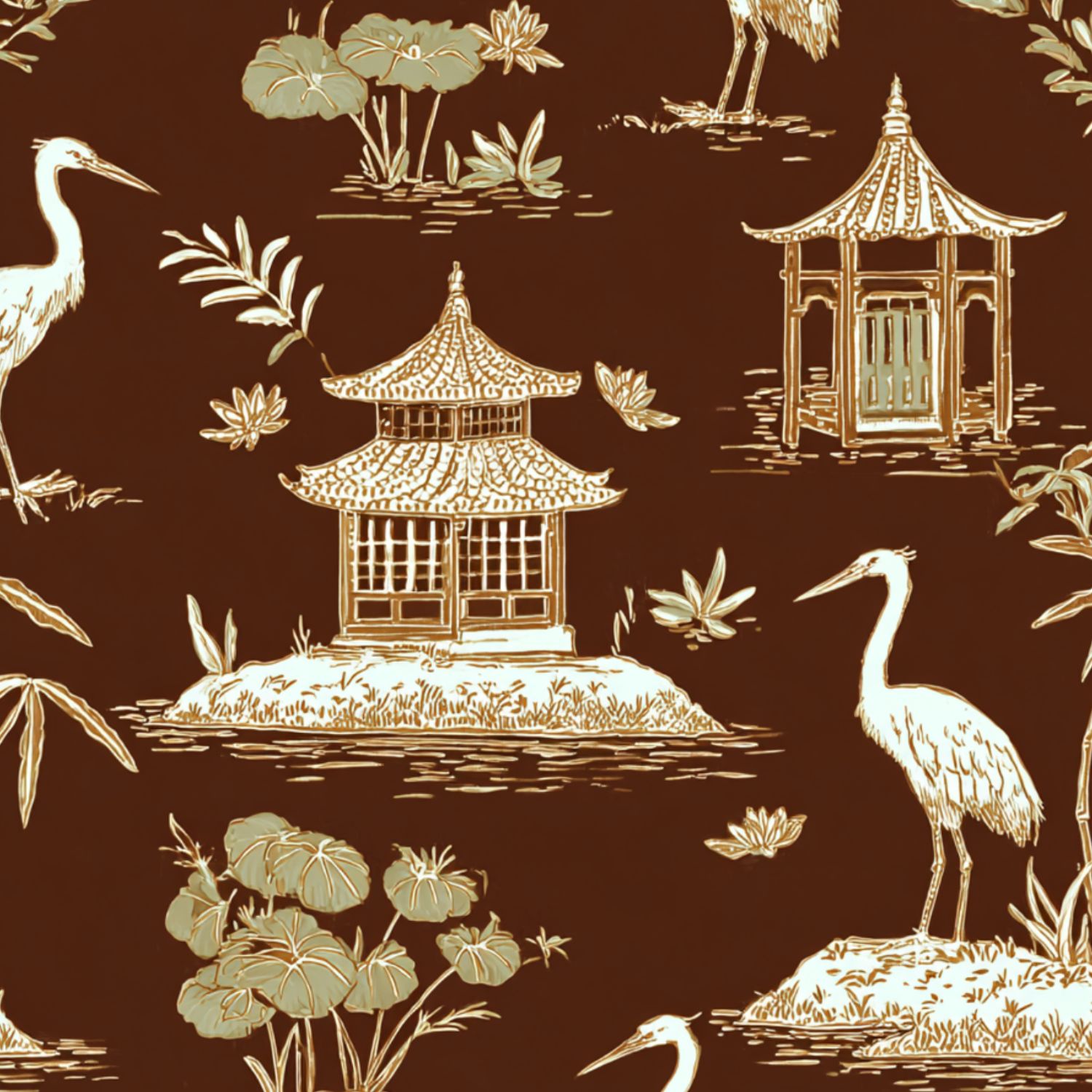 Crane Peel and Stick Wallpaper 23.6in x 9.8ft Brown Chinoiserie Heron Pagoda Lotus Contact Paper Vinyl Waterproof Self Adhesive Wall Paper for Bedroom Shelf Cabinet Renter Friendly