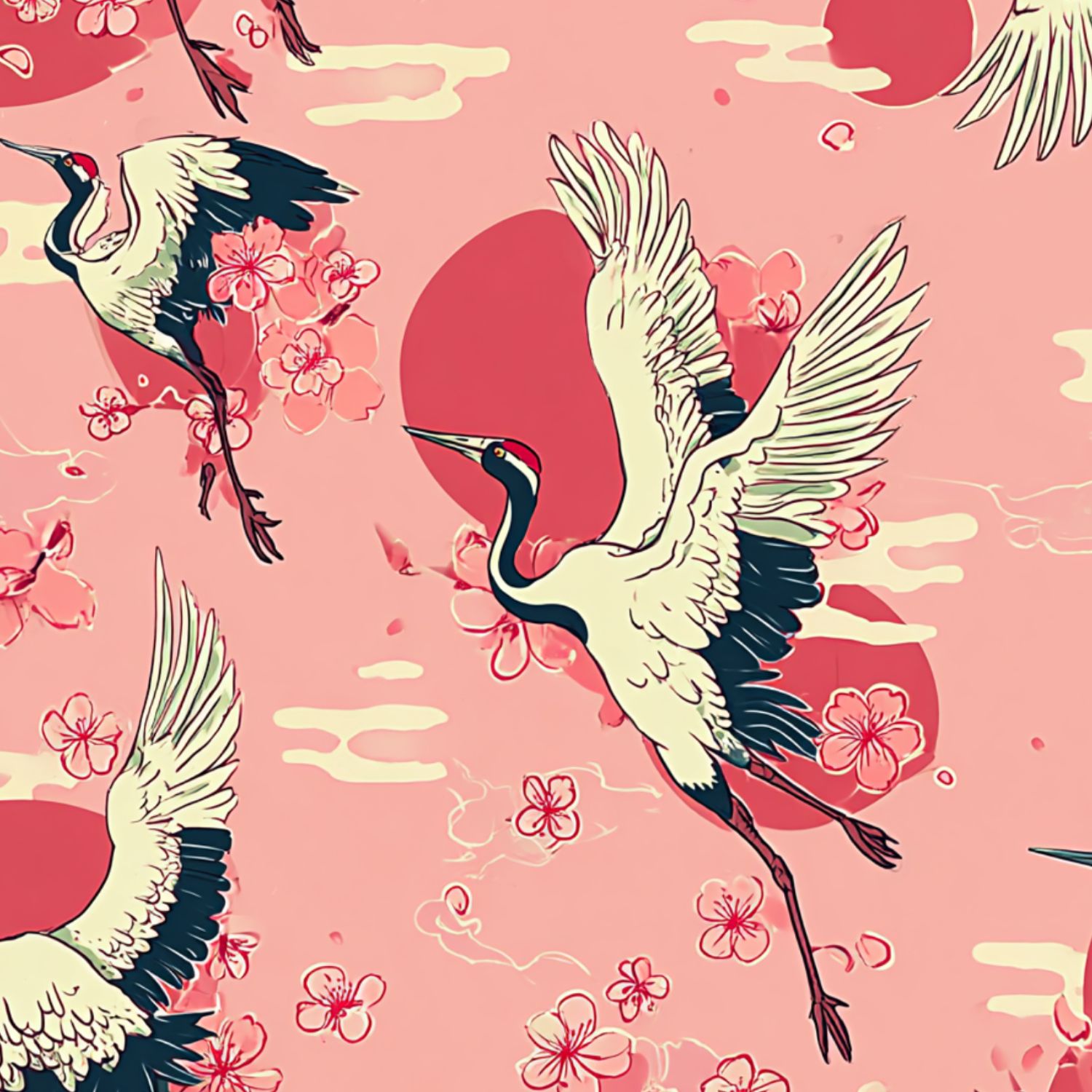 Crane Peel and Stick Wallpaper 23.6in x 9.8ft Cranes Cherry Blossoms Red Sun Retro Contact Paper Vinyl Waterproof Self Adhesive Wall Paper for Bedroom Shelf Cabinet Renter Friendly