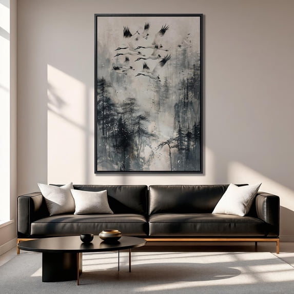 Crane Poster Serene Birds Over Foggy Forest Home Decor Office Wall Art ...