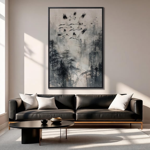 Crane Poster Serene Birds Over Foggy Forest, Ready To Hang, 12x18 UNFRAMED