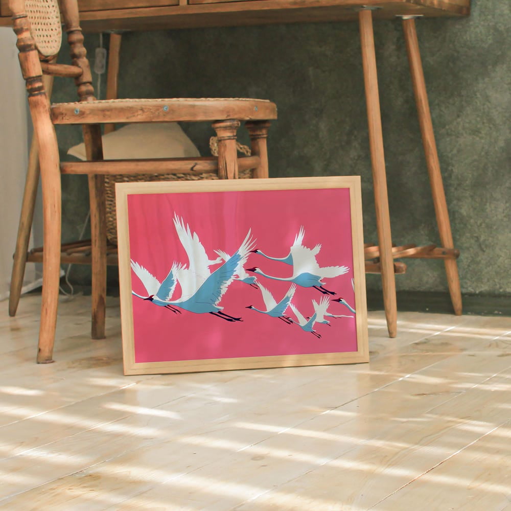 Crane Print, Pink, Japandi Wall Art, Bird Prints, Colorful Wall Art