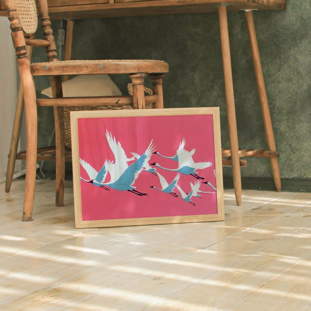 Crane Print, Pink, Japandi Wall Art, Bird Prints, Colorful Wall Art