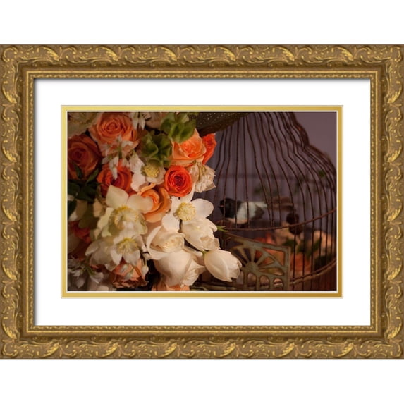 Crane, Rita 18x13 Gold Ornate Wood Framed with Double Matting Museum Art Print Titled - Flowers and Bird Cage I