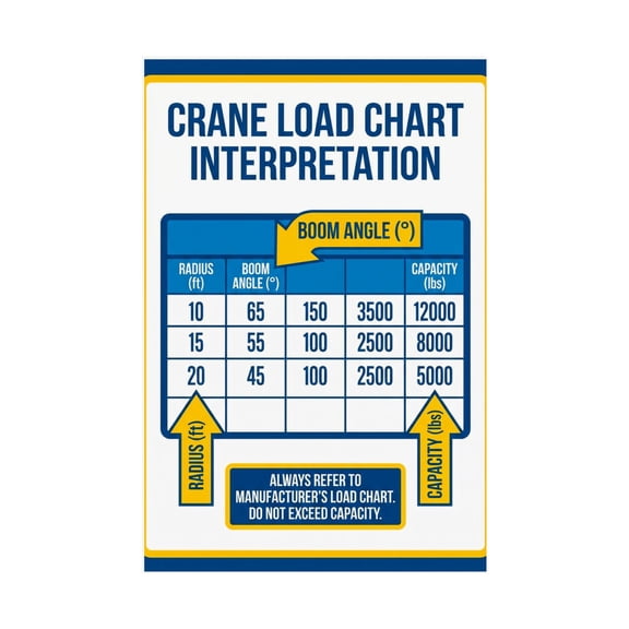 Crane Safety Poster Load Chart Reading Guide for Boom Length Capacity Calculations Rigging Equipment