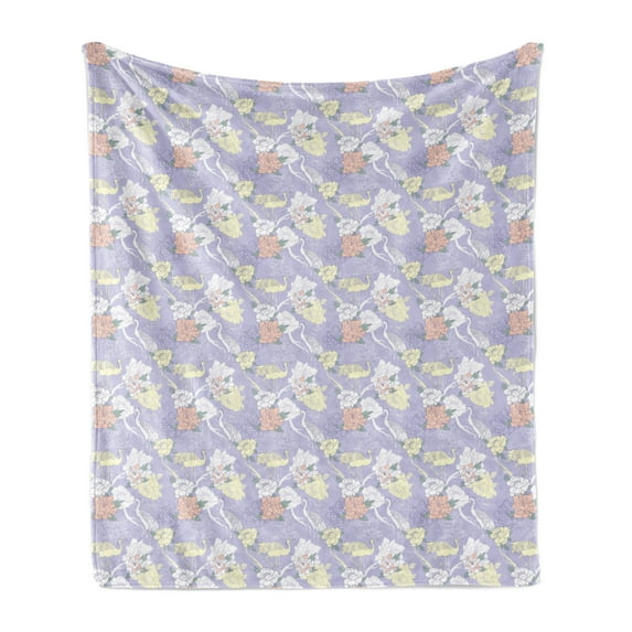 Crane Soft Flannel Fleece Throw Blanket, Japanese Style Animal and Flower Composition on Lavender Toned Background Oriental, Cozy Plush for Indoor and Outdoor Use, 50" x 60", Multicolor, by Ambesonne