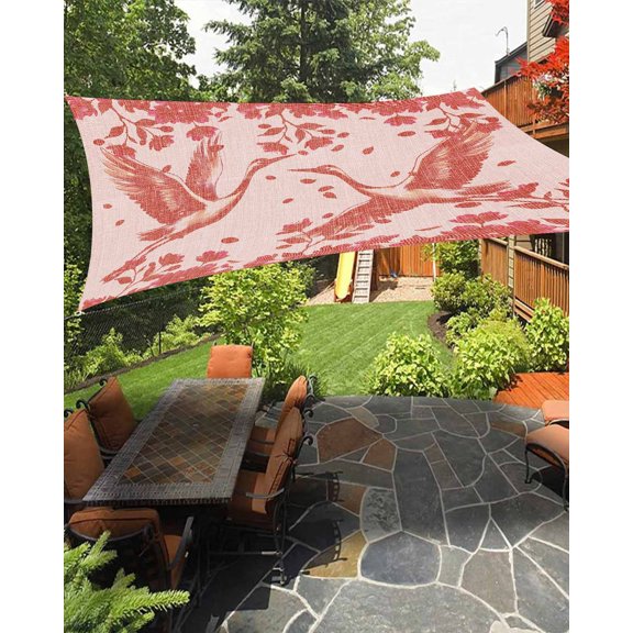 Crane Sun Shade Sail 6.5'X10' Japanese Crane Silhouette Floral Leaf Red UV Block Outdoor Sail Shades Breathable Waterproof Rectangular Sunshade for Patio Garden Pool Pergola Porch