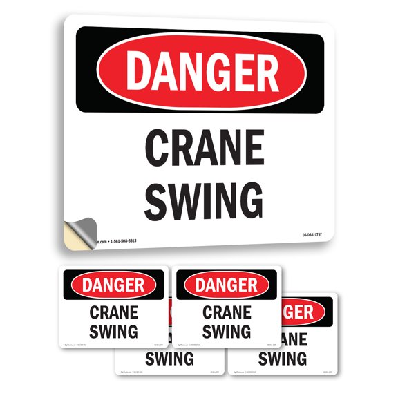 Crane Swing OSHA Danger Vinyl Decal Label 5 Inch x 3.5 Inch - 5 Pack