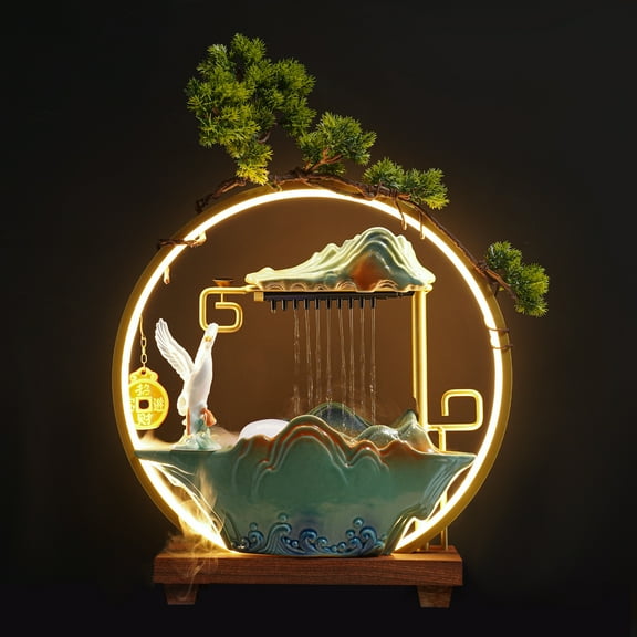 Crane Tabletop Water Fountain, Indoor Water Fountain with LED Light, Rockery Waterfall with Atomizer