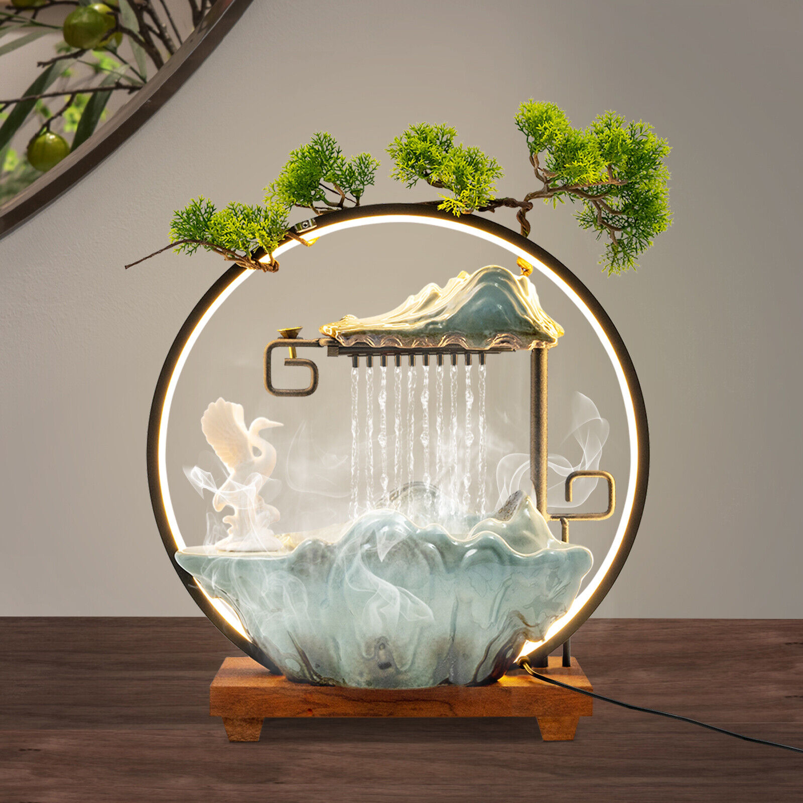 LED Mist Fountain Crane Tabletop Water Fountain With LED Light Mist LED Mist Fountain Crane Tabletop Water Fountain With LED Light Mist