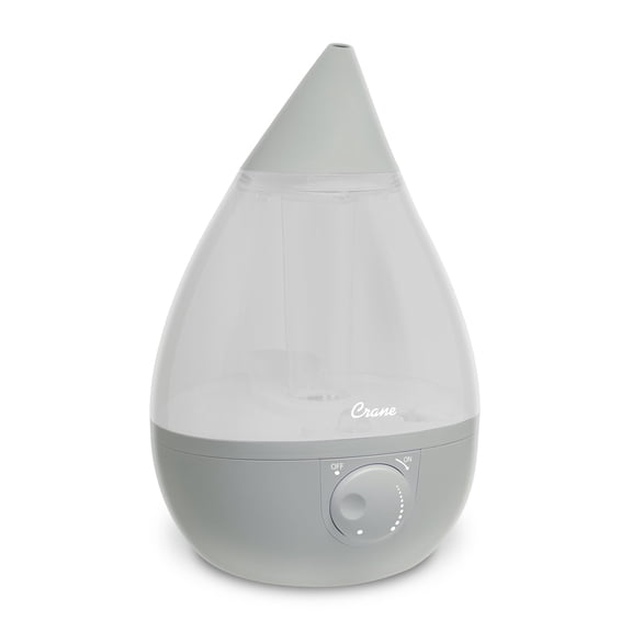 Crane Ultrasonic Teardrop Cool Mist Humidifier, Large 1 Gal Tank, Automatic Shut-Off, Baby Humidifiers for Nursery and Bedroom, Grey
