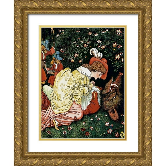 Crane, Walter 19x24 Gold Ornate Wood Framed with Double Matting Museum Art Print Titled - Beauty and the Beast - In the Woods