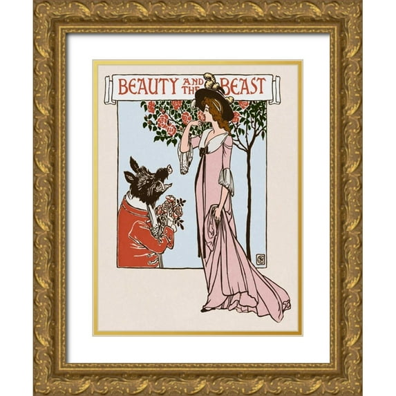 Crane, Walter 19x24 Gold Ornate Wood Framed with Double Matting Museum Art Print Titled - Beauty and the Beast Title Page