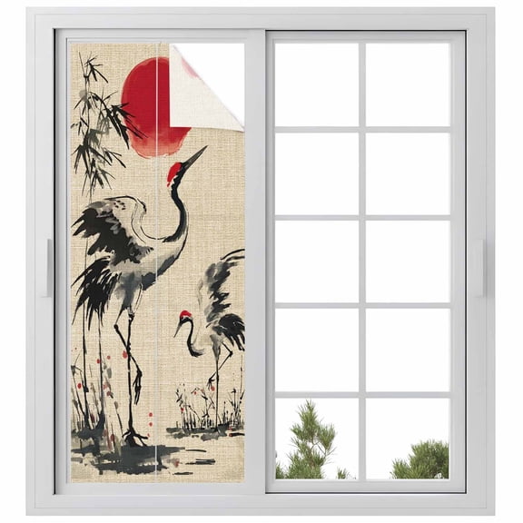Crane Window Privacy Film, Black White Ink Wash Red Moon Botanical Farmhouse Static Cling UV Sun Blocking Heat Control Window Tint Day and Night, Non-Adhesive One Way Privacy Cover 23.6''x59''
