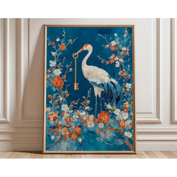 Crane With Key Wall Art Print, Unframed Paper Poster 24x36in