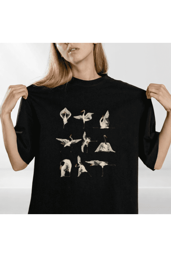 Crane Yoga Funny Bird Nature Fitness Exercise Pose Graphic Cotton T Shirt,for unisex up to 5XL
