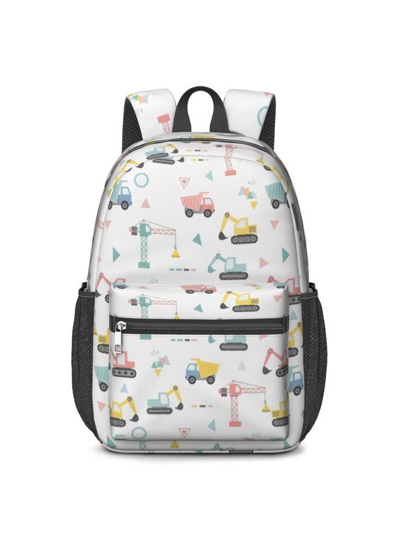 Crane and Excavator White 17" School Backpacks for Teens,Waterproof Oxford Fabric,S-Shape Padded Straps for School,Travel,Hiking,Camping