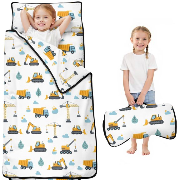 Crane and Excavator White Pattern Toddler Nap Mat with Pillow & Blanket, Soft Sleeping Mat for Preschool Daycare Travel Sleepovers