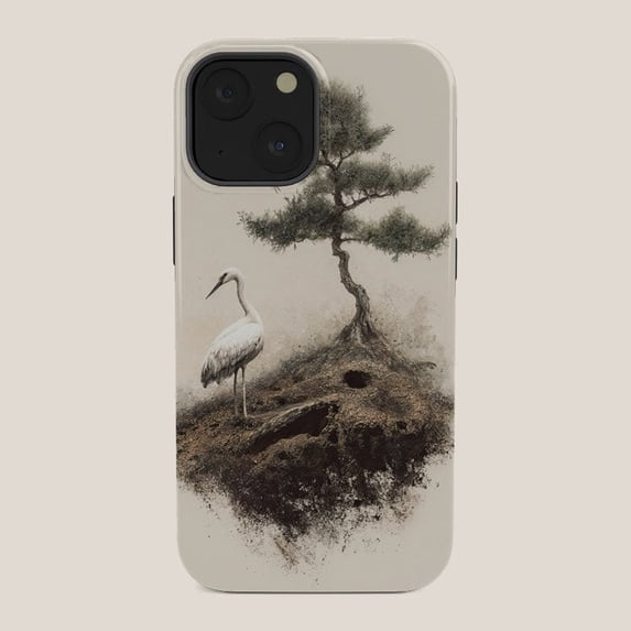 Tree Crain Crane and Pine Tree Landscape Tough Case for Apple iPhone, Ivory, Black ...