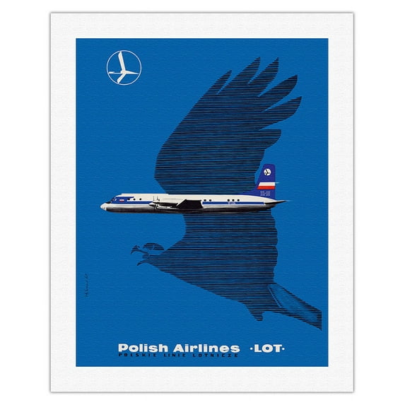 Crane in Flight - Polish Airlines LOT - Vintage Airline Travel Poster by Maciej Hübner c.1961 - Fine Art Rolled Canvas Print 20in x 26in