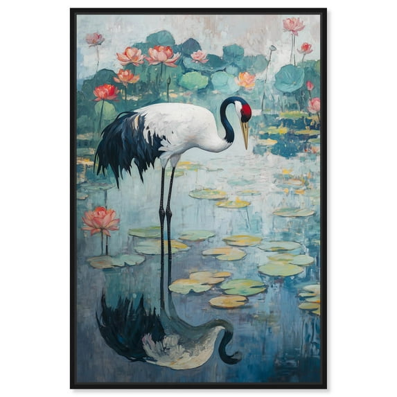 Crane in Lilies II Canvas Elegant Crane Art by Art Remedy, Black Frame, 20 x 30