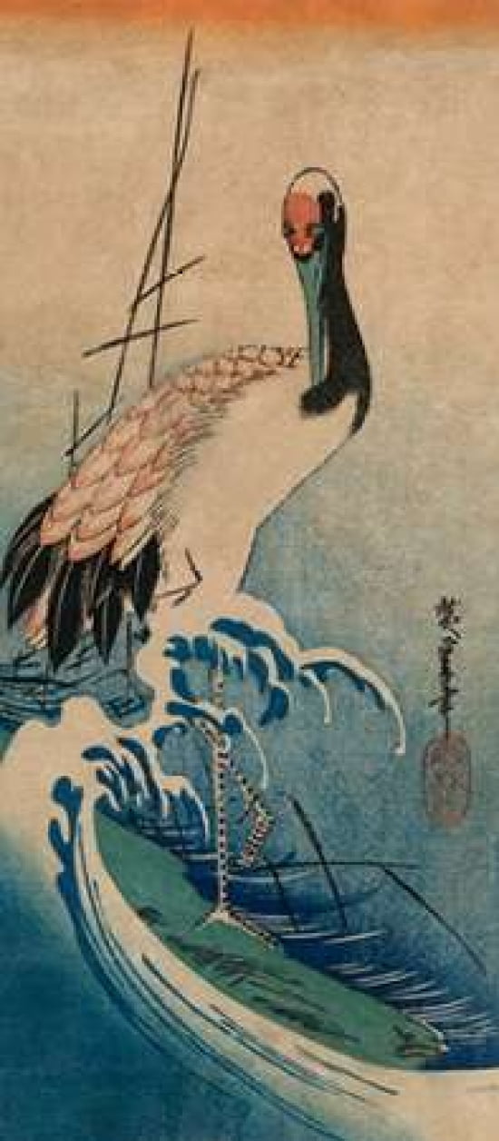Crane in Waves 1833 Canvas Art - Ando Hiroshige (24 x 48)
