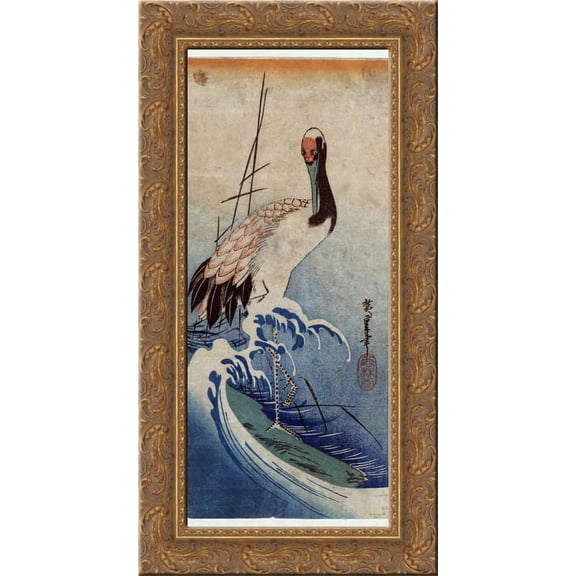 Crane in Waves 24x14 Gold Ornate Wood Framed Canvas Art by Hiroshige