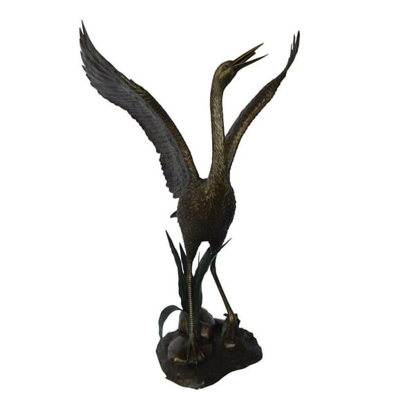 Crane standing on a stone bronze statue - Size: 28"L x 32"W x 49"H.