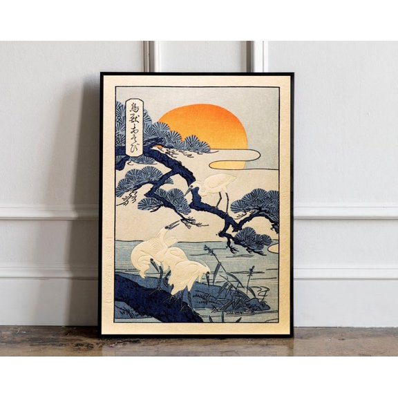 Cranes At Sunrise Japanese Woodblock Wall Art Print, Unframed Paper Poster 8x10in