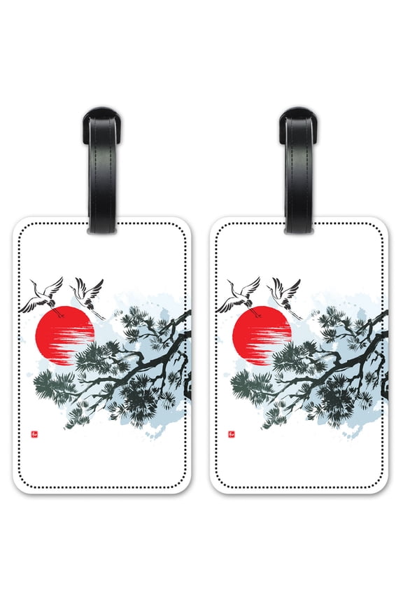 Cranes Flying by a Tree Drawing - Luggage ID Tags / Suitcase Identification Cards - Set of 2